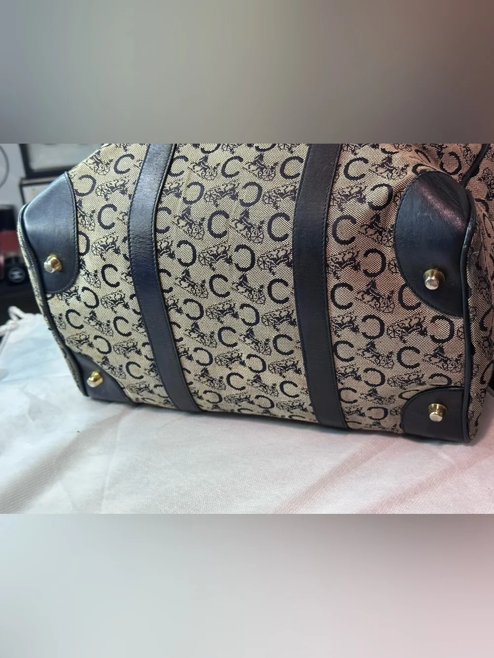 Celine Vintage Navy Leather Trim Mono Boston Bag